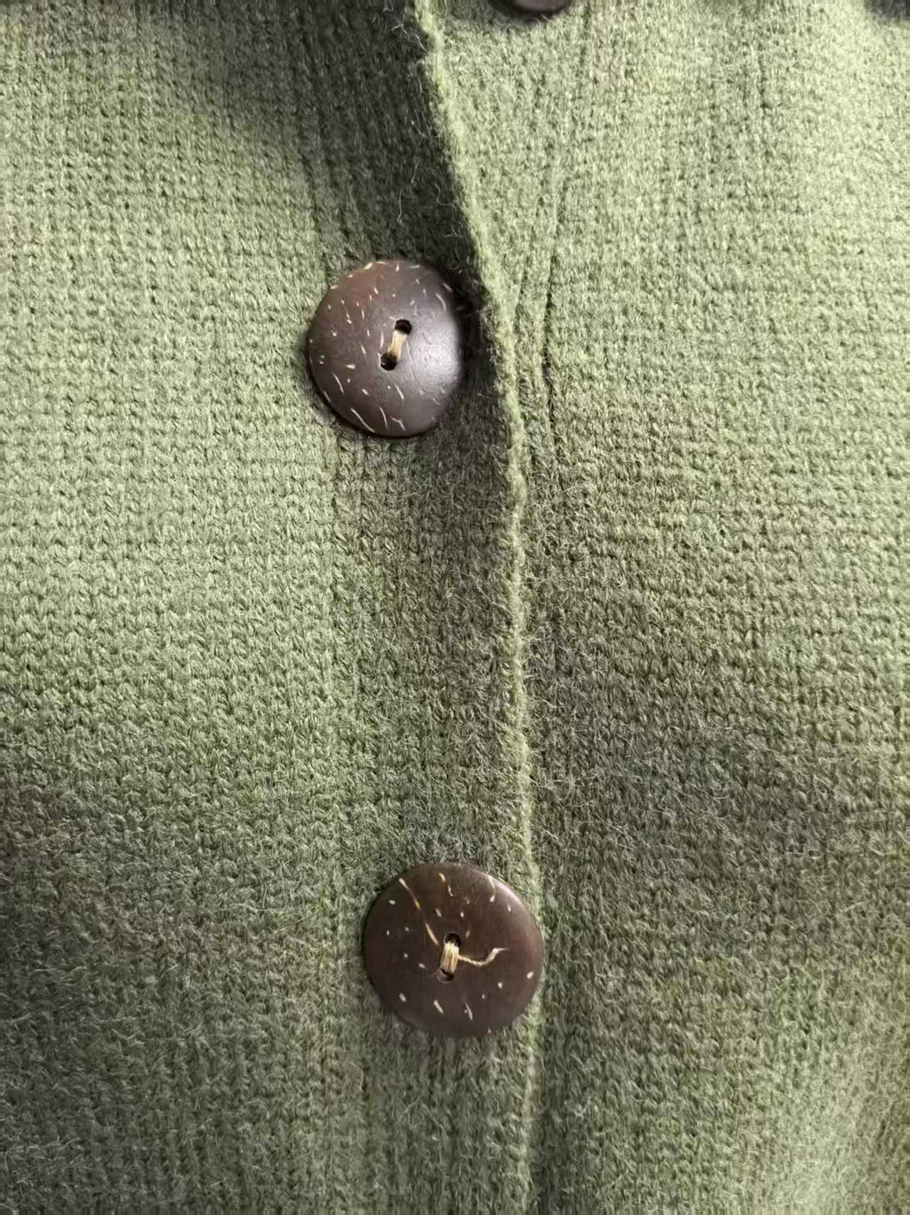 Collared Button-Front Knit Cardigan in Olive — close-up of the buttons