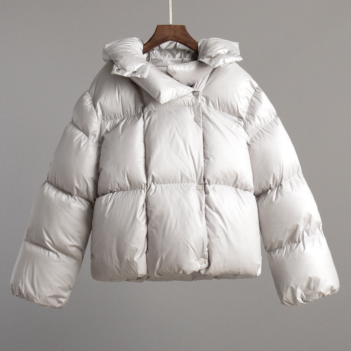 Cropped Hooded Puffer Jacket with Drawstring Hem in Light Gray — front view