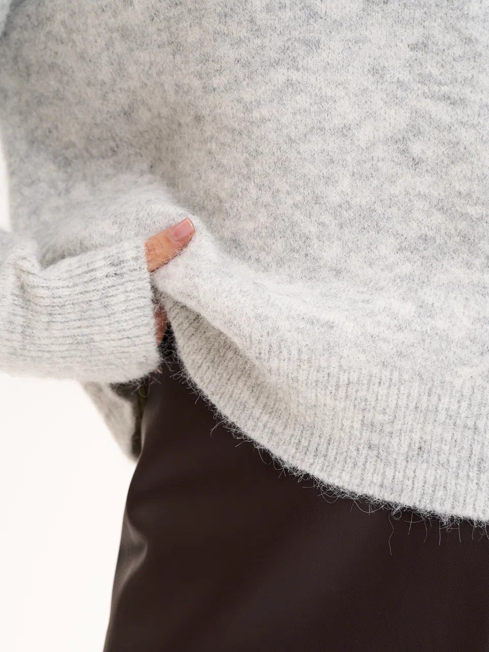 Brushed Fuzzy Knit Crew Neck Sweater in Heather Gray — close-up of the fuzzy knit