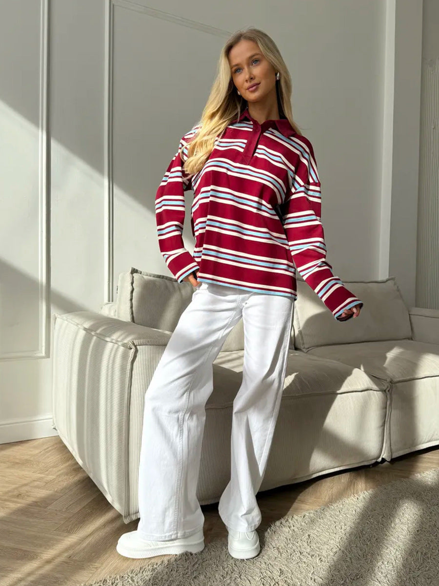 Relaxed Striped Long Sleeve Polo Shirt in Red Stripe — full-length view with white jeans