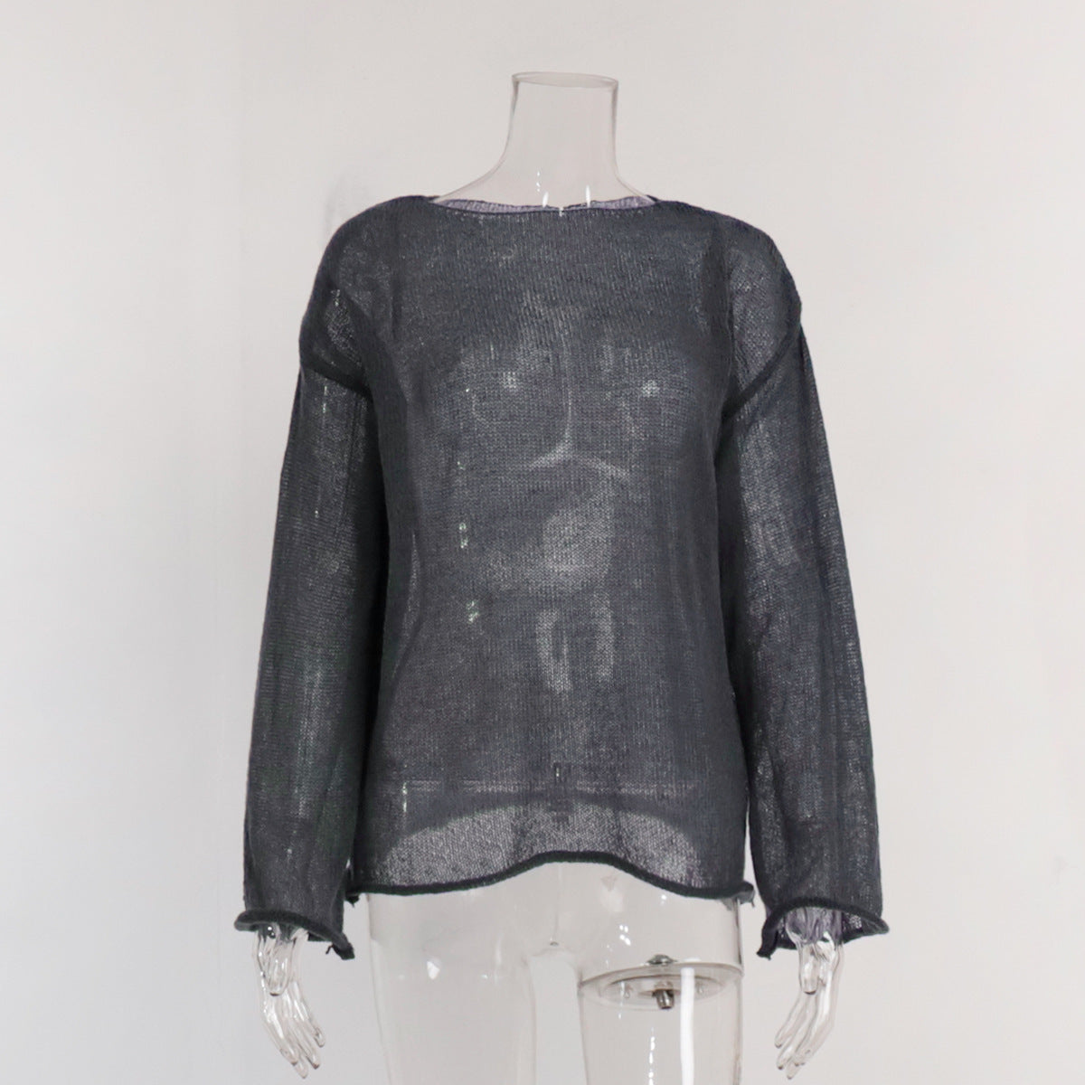 Sheer Open-Knit Bell Sleeve Sweater in Charcoal — front view on mannequin
