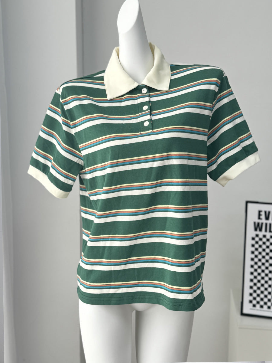 Contrast Stripe Cotton Polo Shirt in Dark Green Stripe — front view of garment