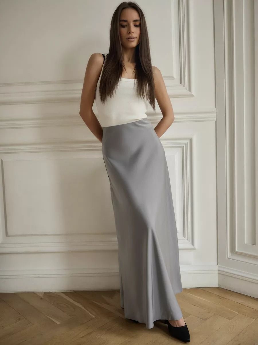 Satin Fishtail Maxi Skirt in Silver Gray — front view on model