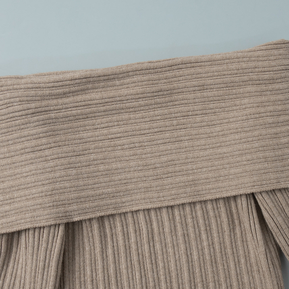 Off-Shoulder Fold-Over Collar Ribbed Knit Maxi Dress in Taupe — close-up of the fold-over collar