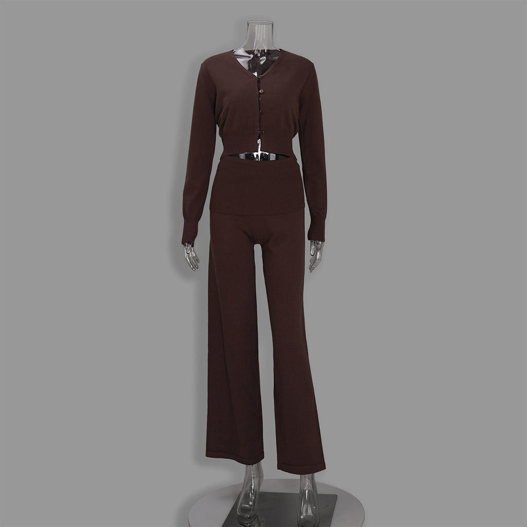 Cropped Button Cardigan & Fold-Over Waist Wide-Leg Knit Pants Set in Chocolate — set front view
