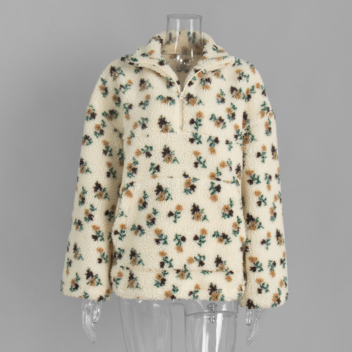 Floral Fleece Half-Zip Pullover Sweatshirt in Cream Ditsy Floral — front view