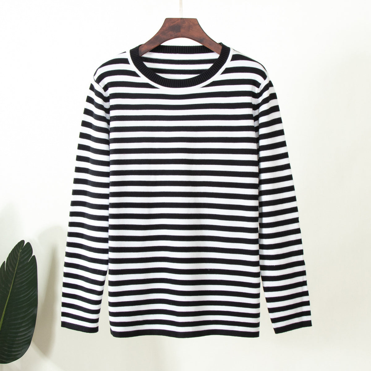 Relaxed Striped Crew Neck Sweater in Black Stripe — front view