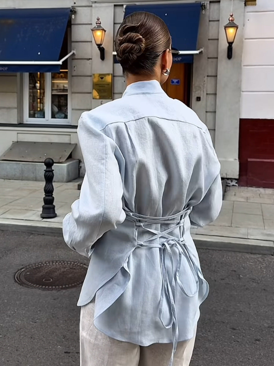 Cotton Tie-Neck Shirt with Lace-Up Back in Light Blue — back view on model