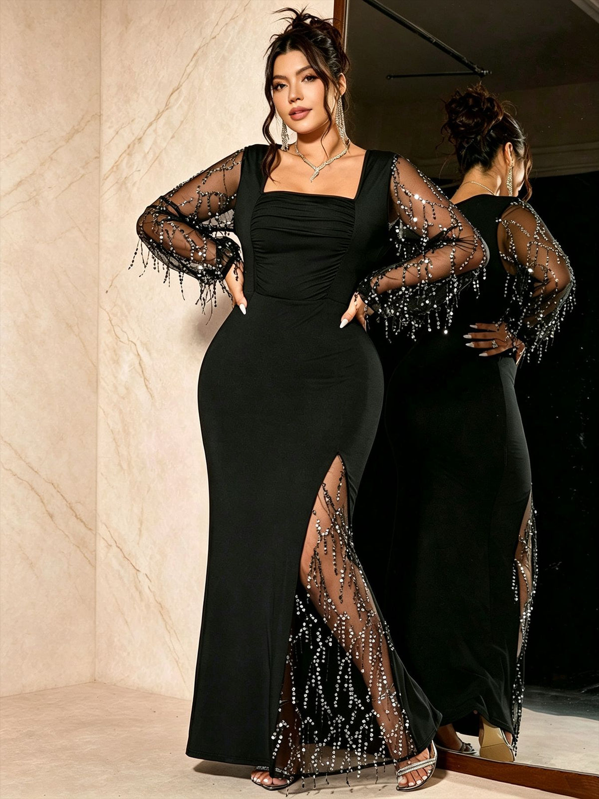 Plus-Size Mermaid Maxi Gown with Sequin-Fringe Mesh Sleeves in Black — side view showing the fringe sleeves