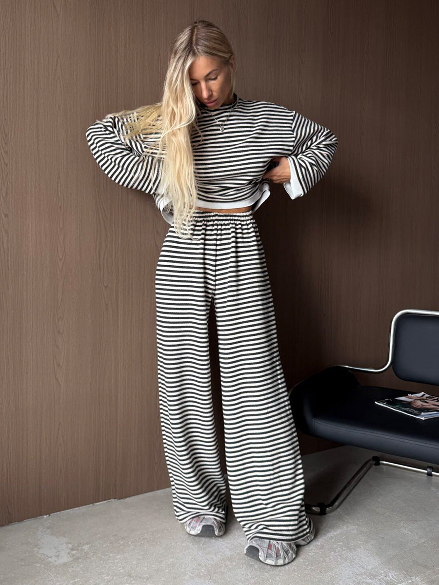 Striped Cropped Top & Wide-Leg Pants Lounge Set in Black & White Stripe — full-length front view on model