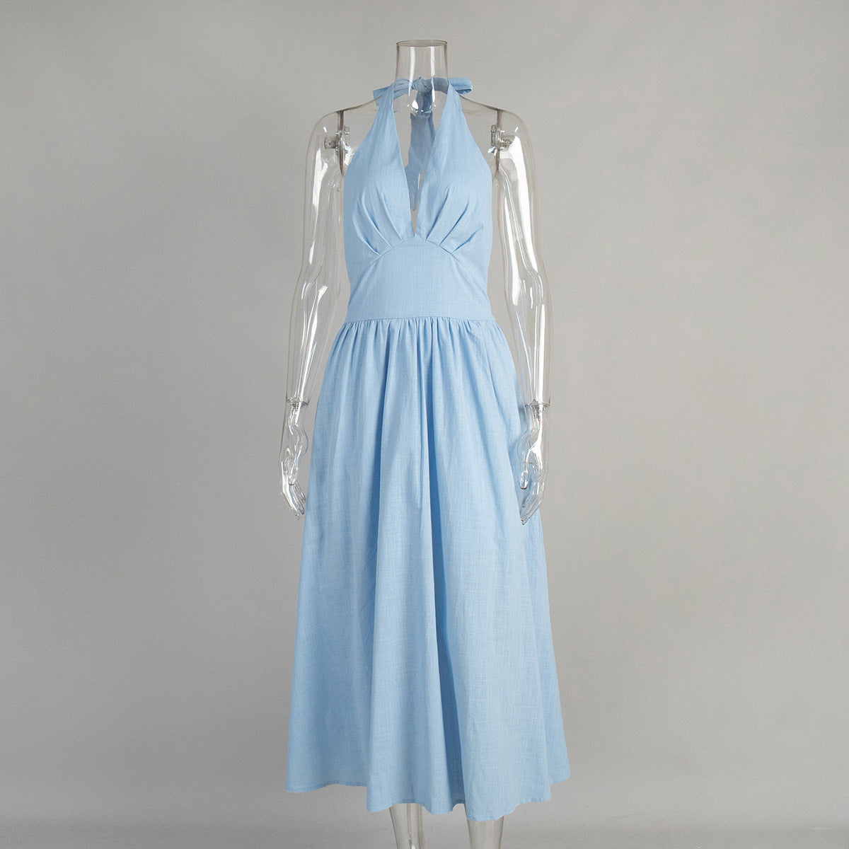 Cotton Halter V-Neck Maxi Dress in Sky Blue — front view on mannequin