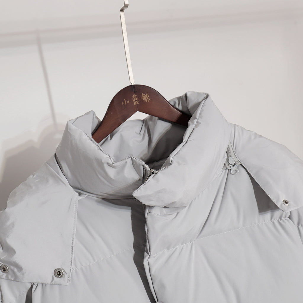 Matte Oversized Hooded Puffer Jacket in Light Gray — close-up of the stand collar and hood