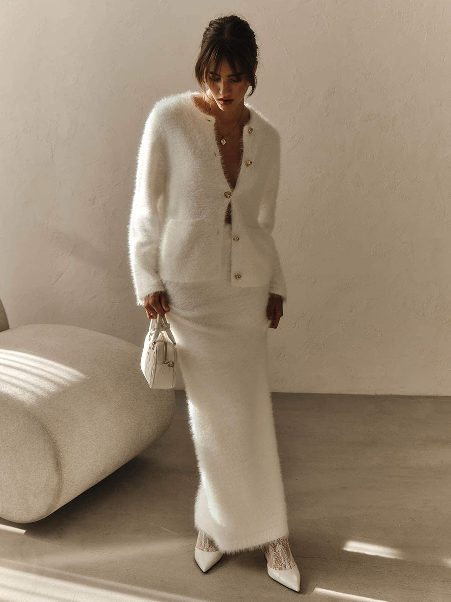 Fuzzy Knit Button Cardigan & Maxi Skirt Set in Winter White — set worn on model, front view