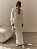 Fuzzy Knit Button Cardigan & Maxi Skirt Set in Winter White — set worn on model, front view