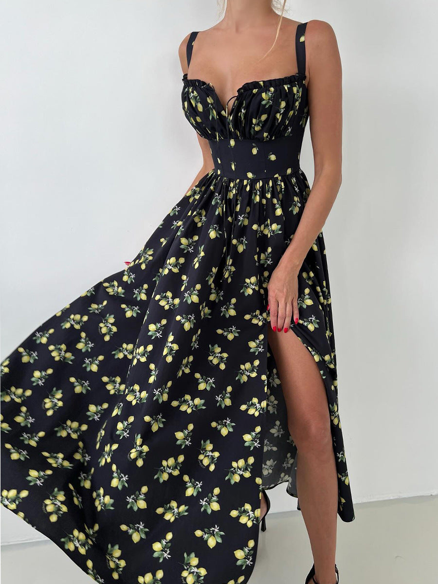 Printed Tie-Strap Maxi Dress with Side Slit in Black Floral — front view on model