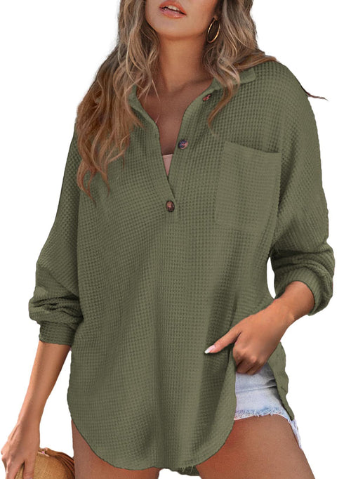 Waffle-Knit Half-Button Pocket Top in Olive — front view on model