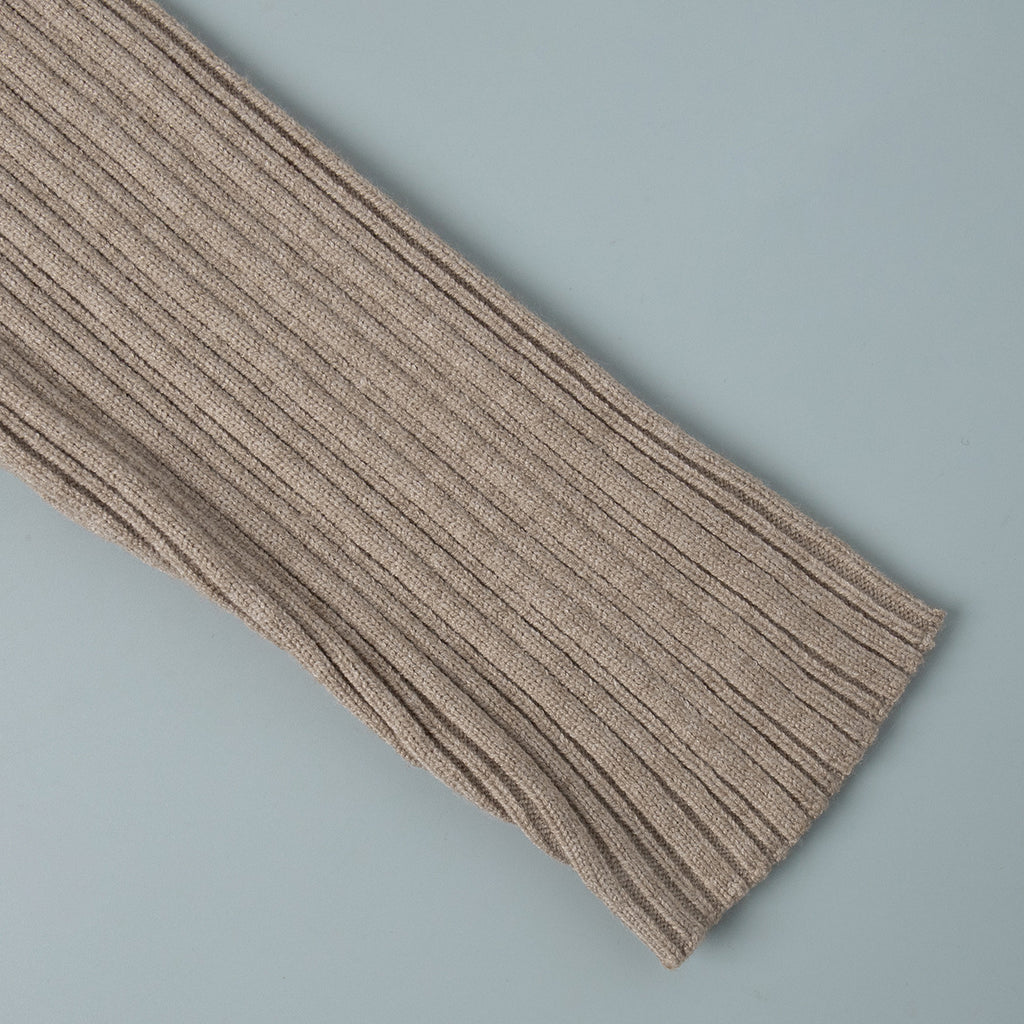 Off-Shoulder Fold-Over Collar Ribbed Knit Maxi Dress in Taupe — close-up of the cuff
