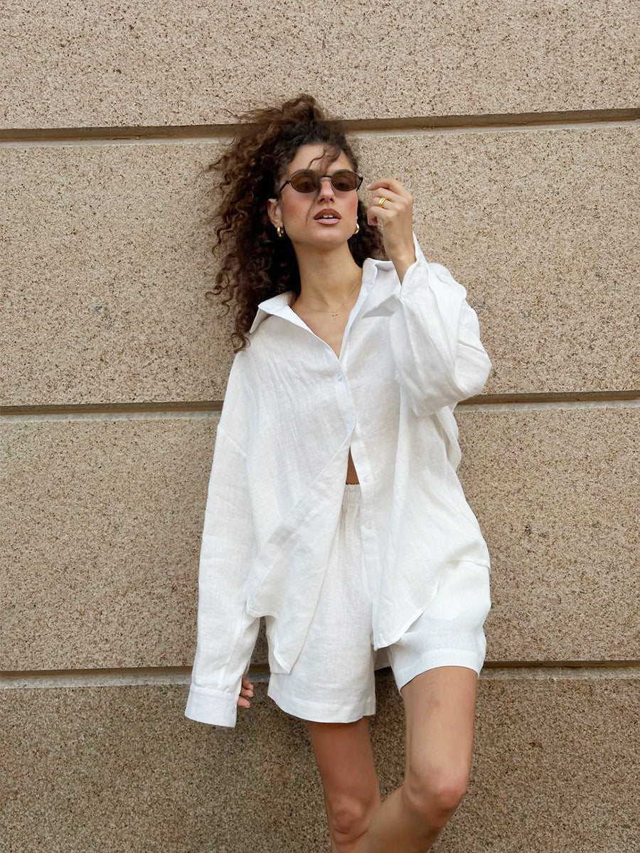 Oversized Cotton Shirt & Elastic-Waist Shorts Set in White — on model, outdoor
