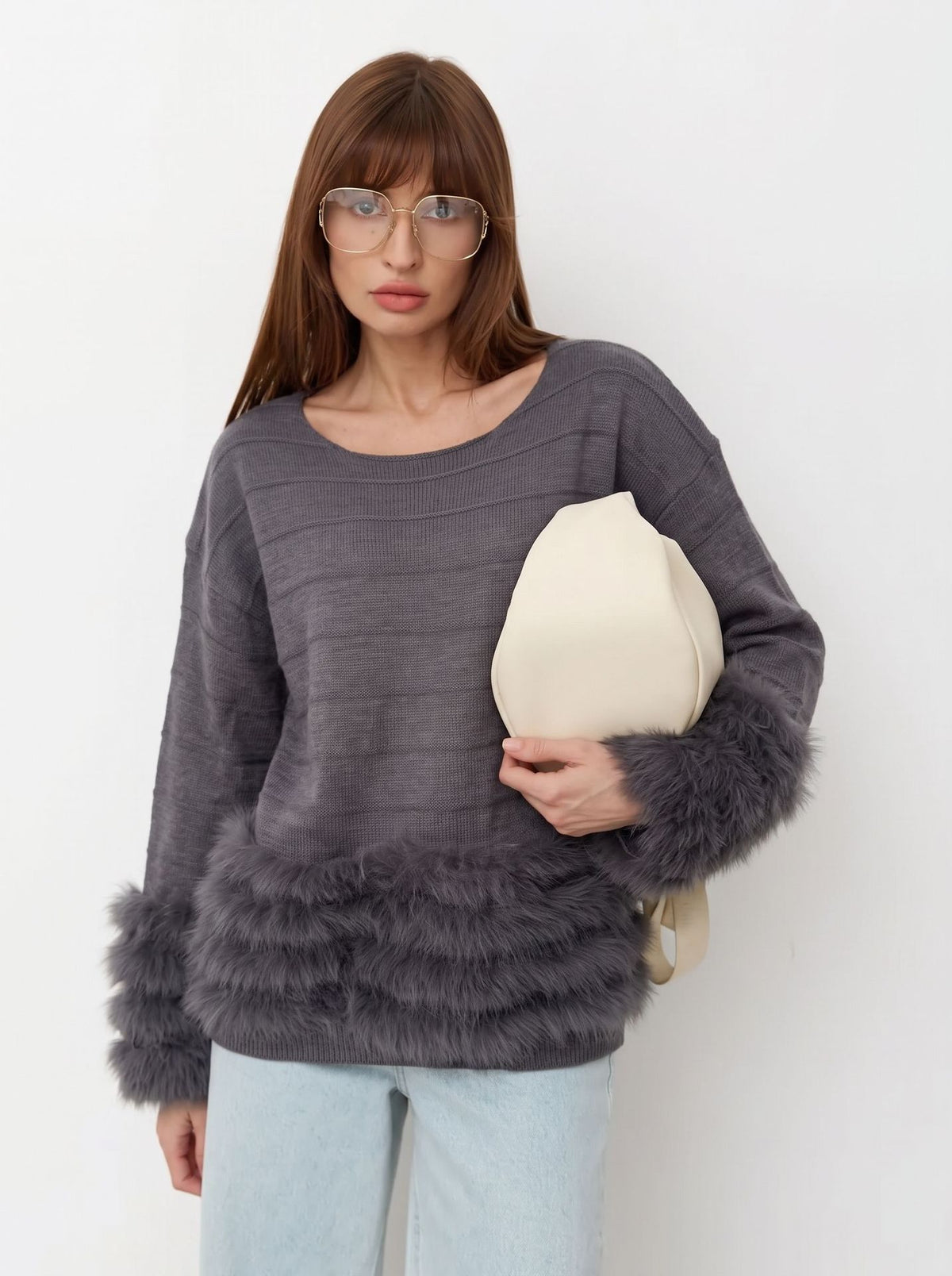 Fringe Trim Ribbed Crewneck Sweater in Charcoal Gray — front view on model