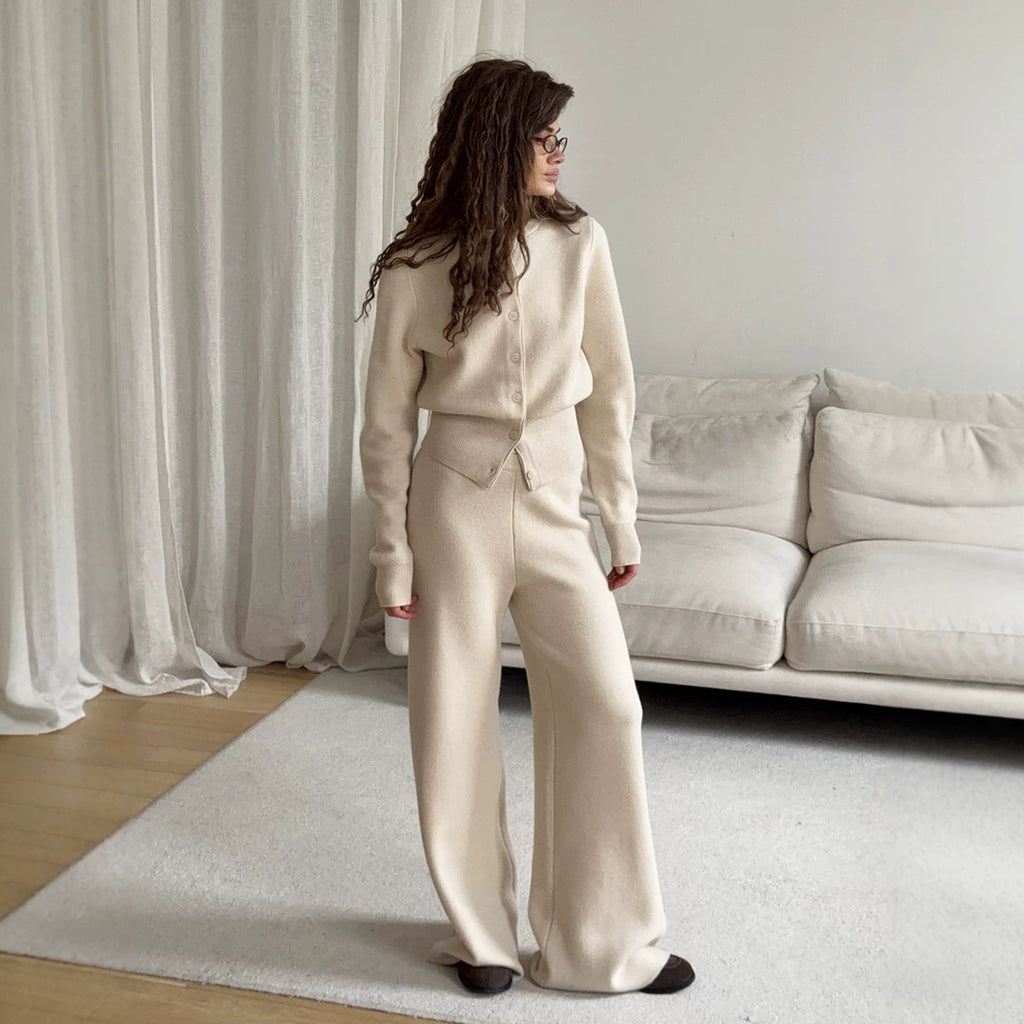 Crew Neck Button Cardigan & Straight-Leg Knit Pants Set in Oat — full-length view on model