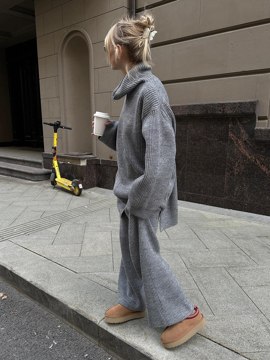 Half-Zip Polo Knit Sweater & Wide-Leg Pants Set in Heather Gray — side view on model