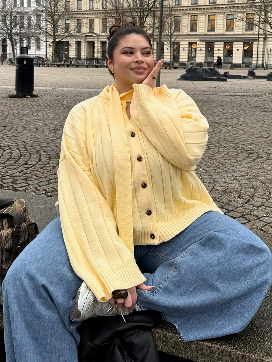 Oversized Wide-Rib Crew Neck Button Cardigan in Butter Yellow — front view on model