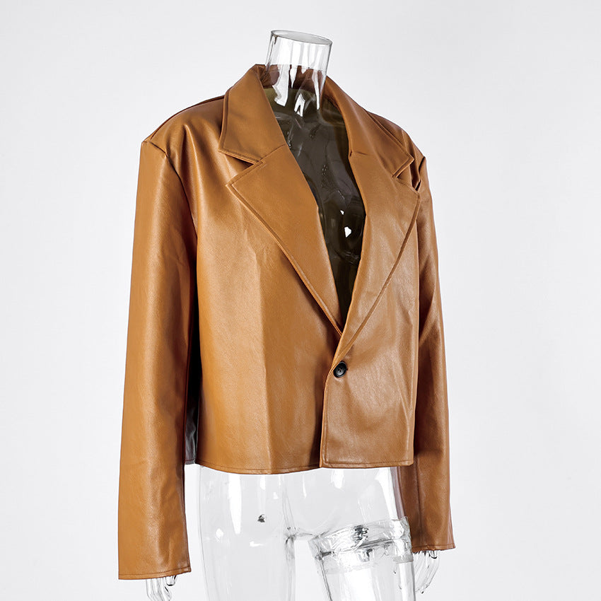 Faux Leather Blazer Jacket with Padded Shoulders in Cognac — side view on mannequin