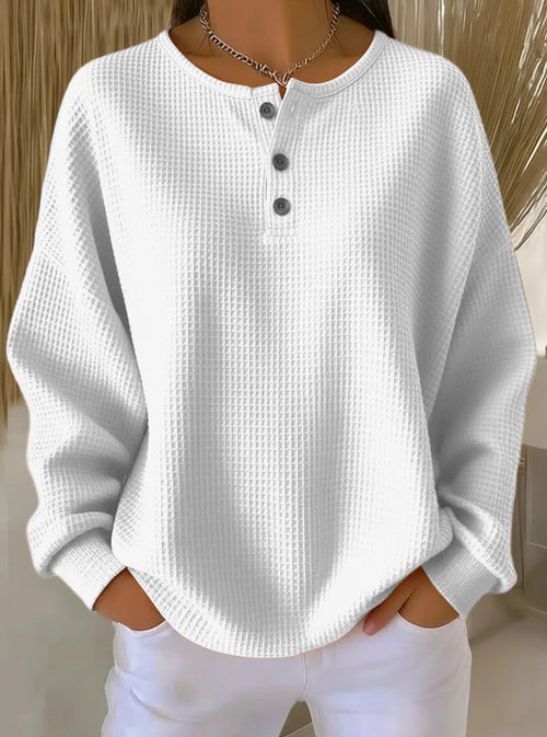 Waffle-Knit Henley Long-Sleeve Top in White — front view on model