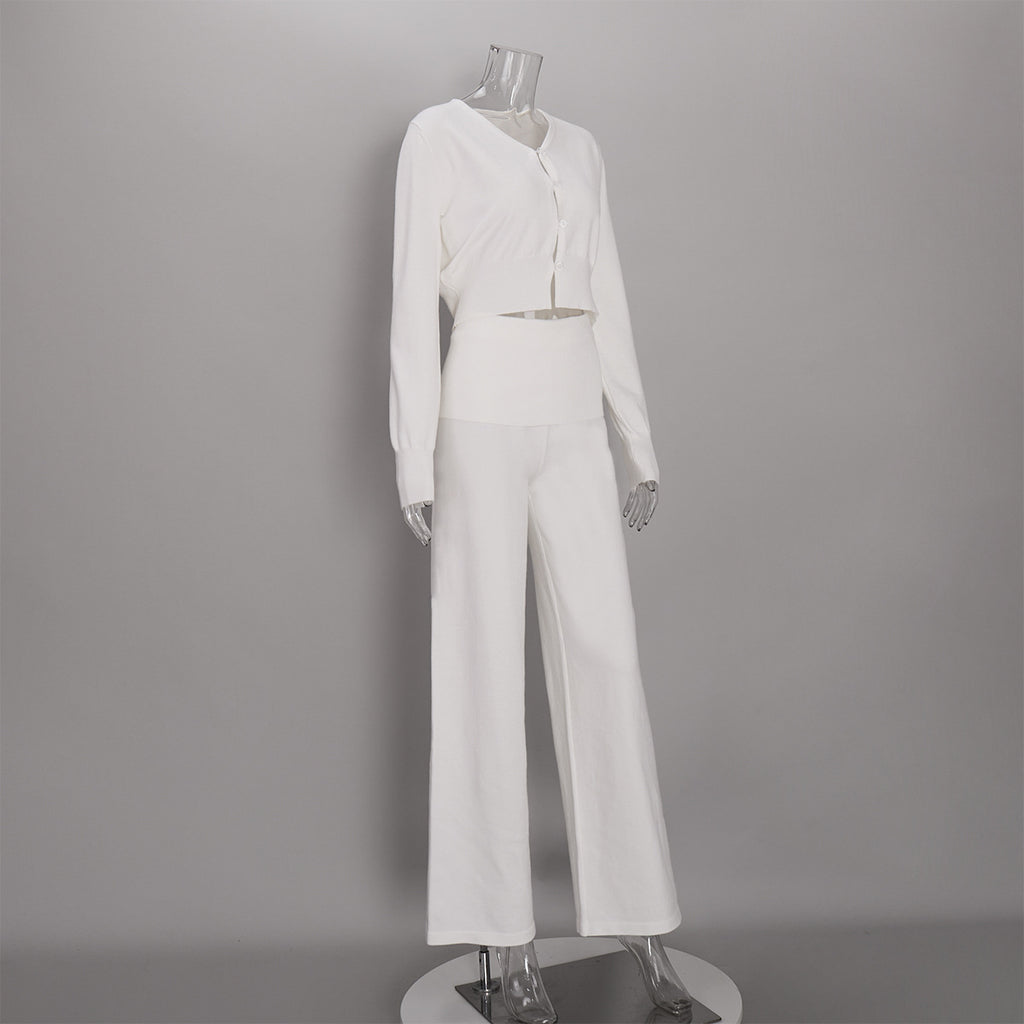Cropped Button Cardigan & Fold-Over Waist Wide-Leg Knit Pants Set in Ivory — set front view