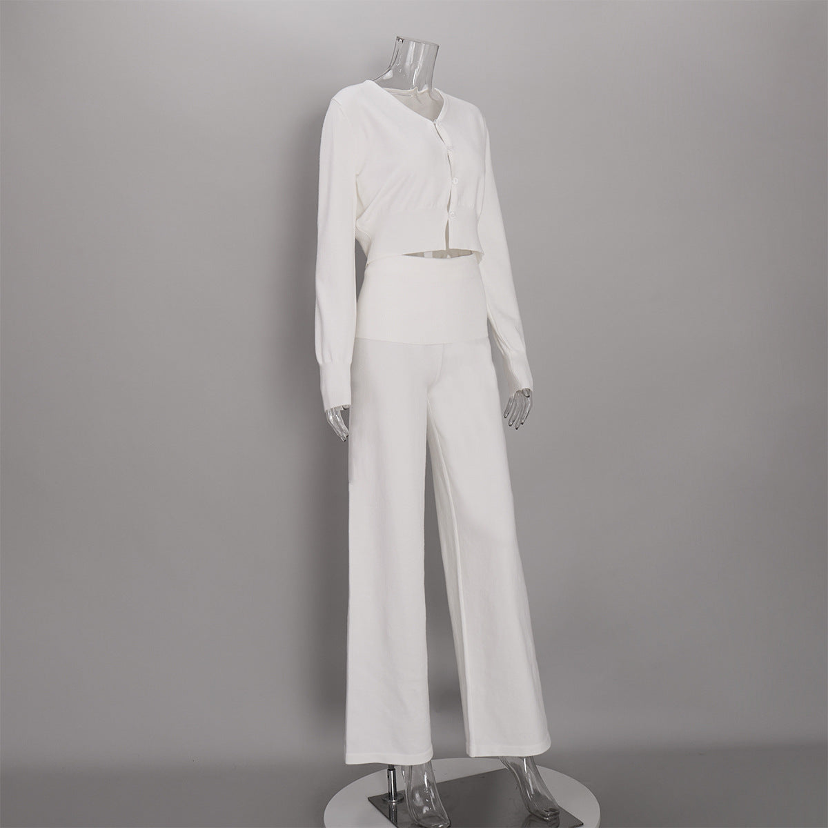 Cropped Button Cardigan & Fold-Over Waist Wide-Leg Knit Pants Set in Ivory — set front view
