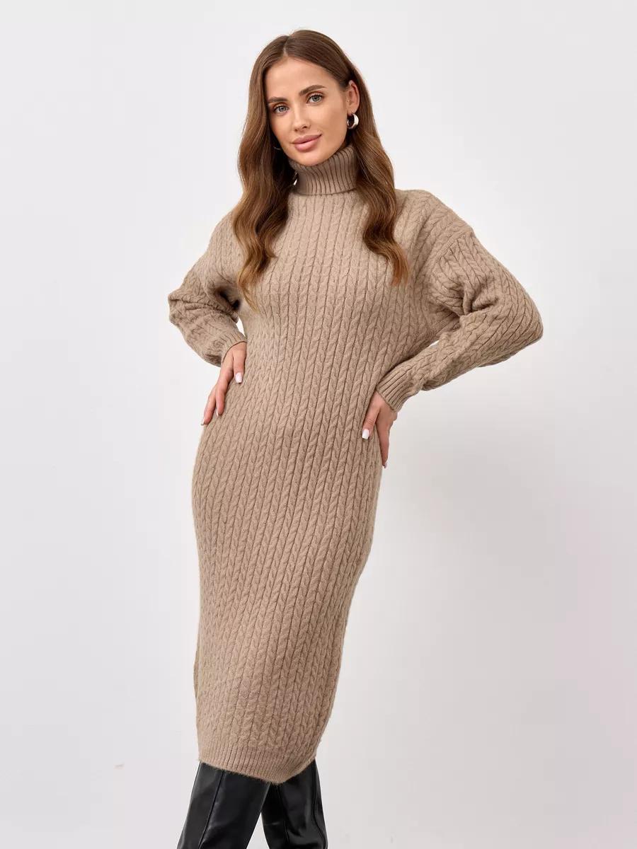 Turtleneck Cable-Knit Midi Sweater Dress in Camel — front view on model