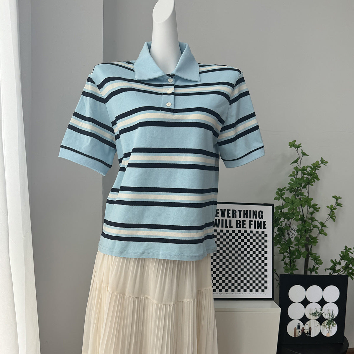 Contrast Stripe Cotton Polo Shirt in Blue Stripe — front view of garment