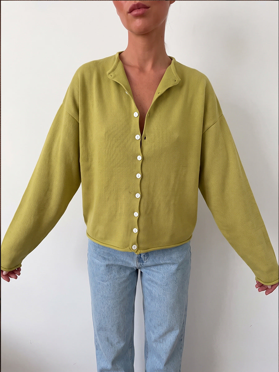 Scalloped Neck Button-Front Knit Cardigan in Lime — front view on model or garment