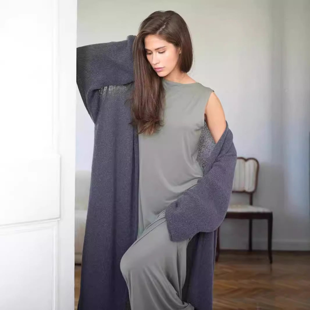 Long Open-Front Mohair-Blend Cardigan in Charcoal — full-length view on model over a long tank dress