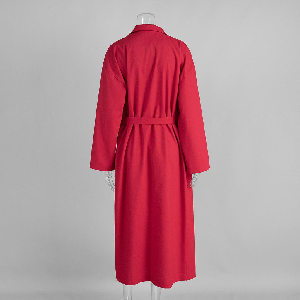 Linen-Blend Long Wrap Duster Dress in Cherry Red — back view on mannequin