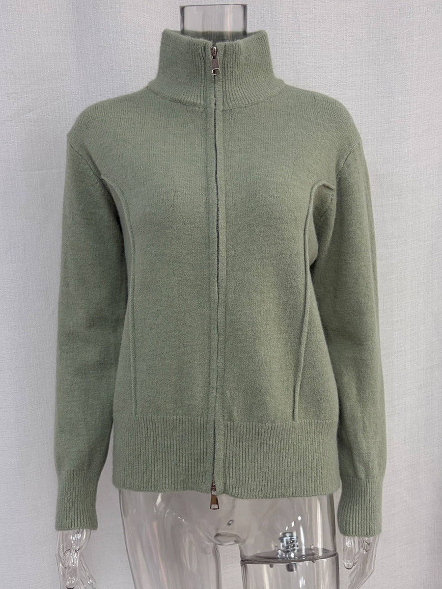 Stand Collar Zip-Up Knit Cardigan & Midi Skirt Set in Sage Green — cardigan front view