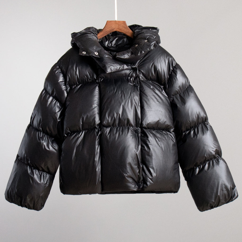 Cropped Hooded Puffer Jacket with Drawstring Hem in Black — front view