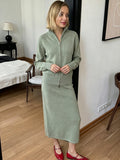 Stand Collar Zip-Up Knit Cardigan & Midi Skirt Set in Sage Green — full-length front view on model