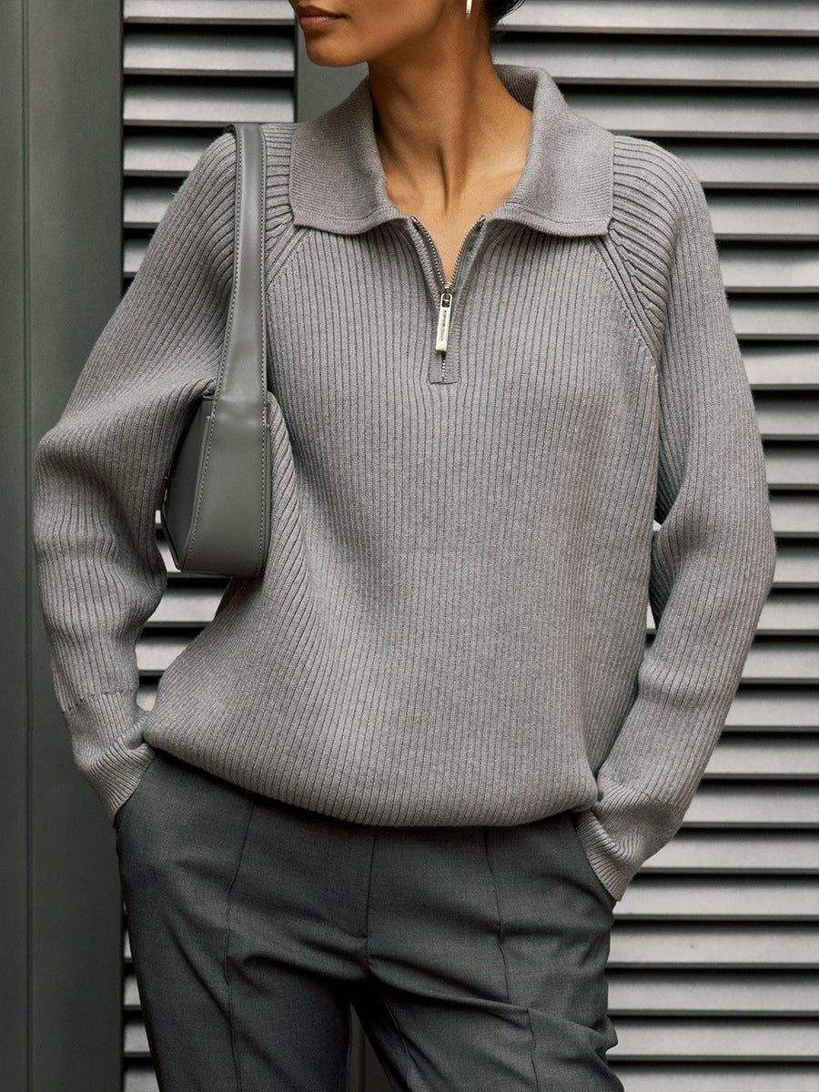 Quarter-Zip Polo Collar Ribbed Sweater in Gray — front view on model