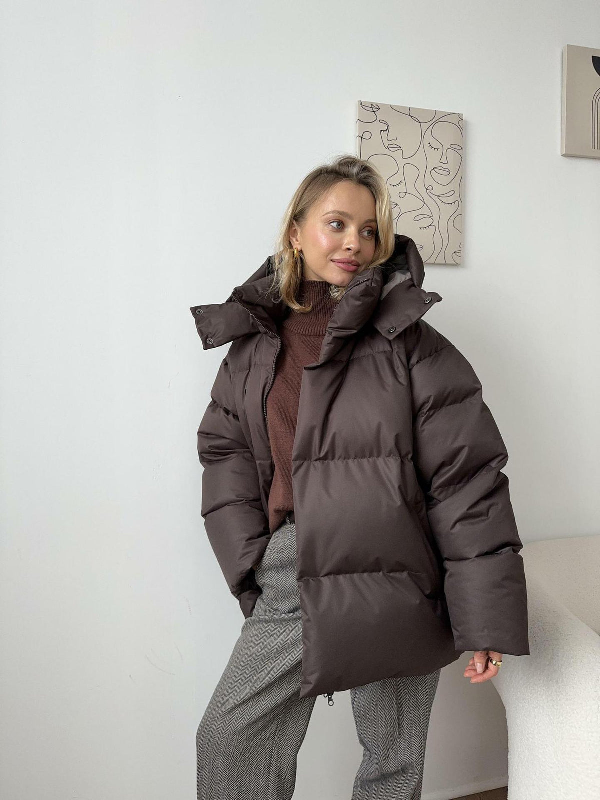 Matte Oversized Hooded Puffer Jacket in Dark Brown — on model