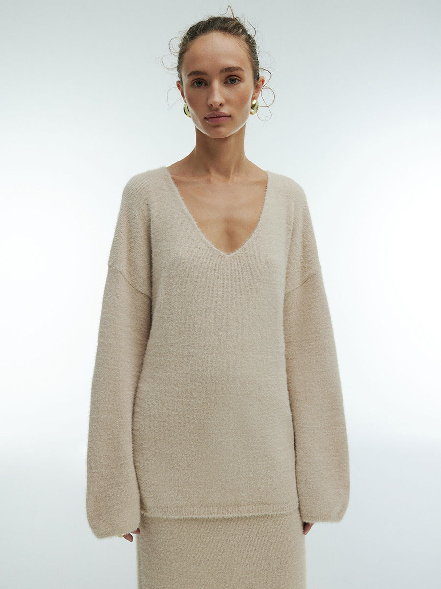 Soft Fuzzy V-Neck Sweater & Knit Maxi Skirt Set in Oat — front view on model