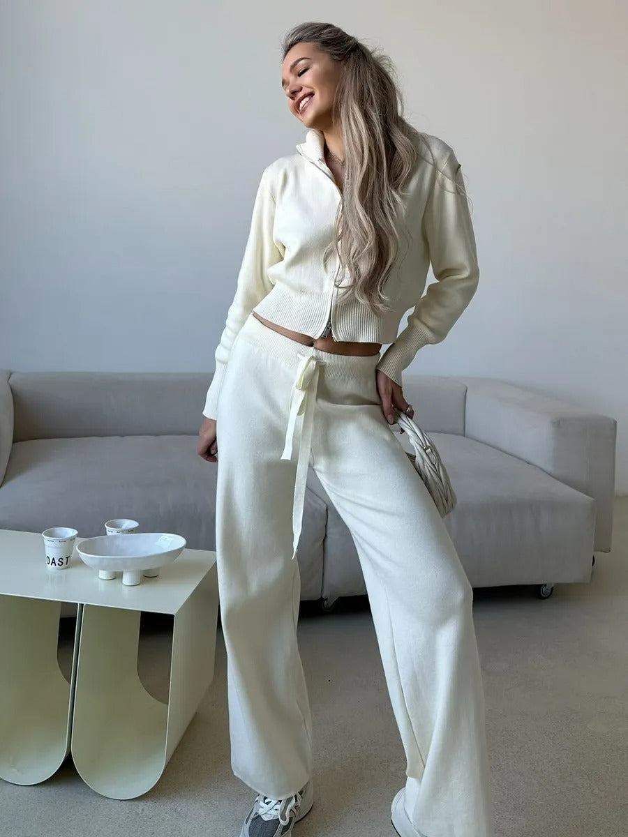 Knit Zip-Up Jacket & Wide-Leg Pants Two-Piece Set in Ivory — set worn on model
