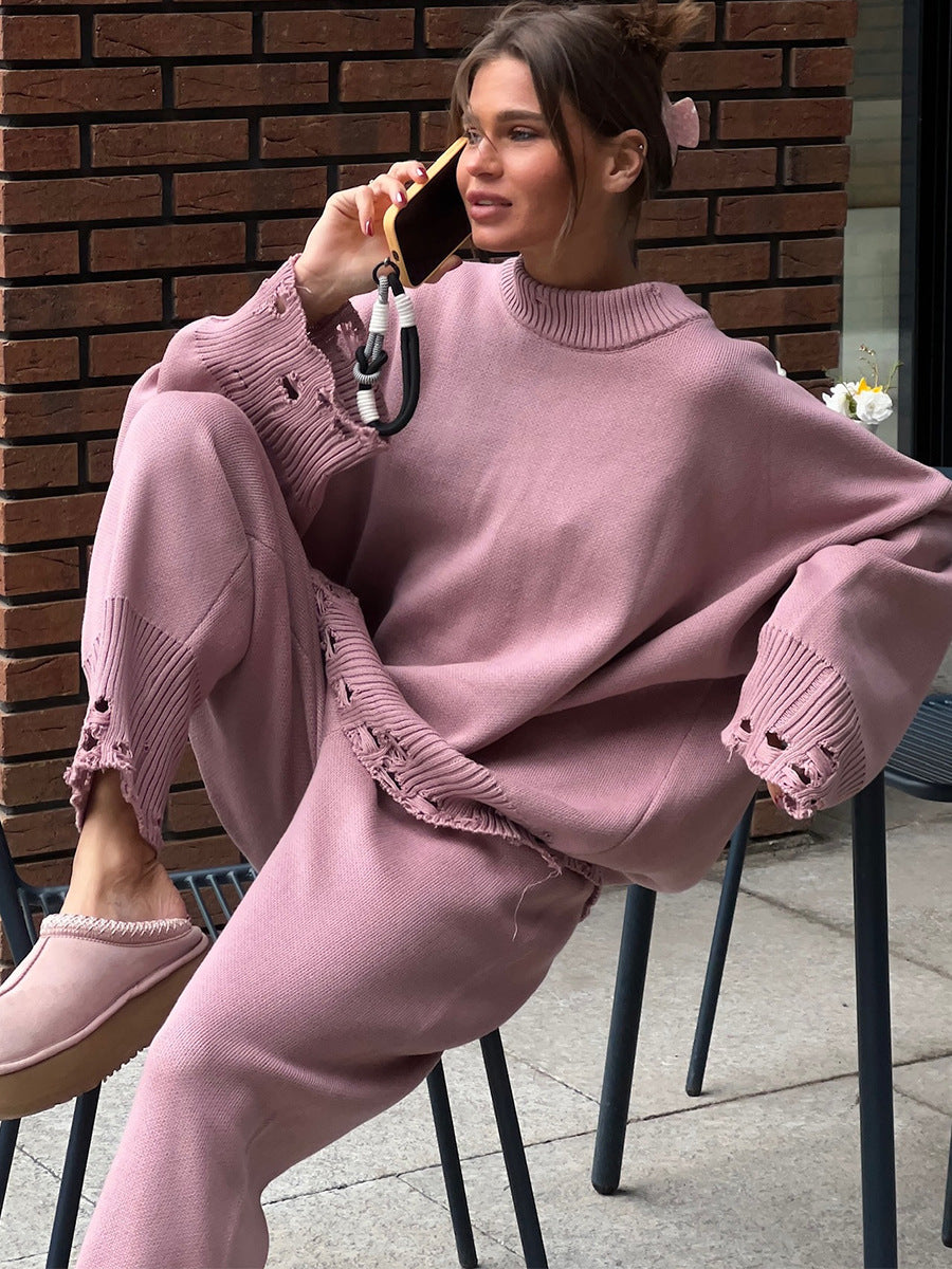 Distressed-Hem Oversized Knit Sweater & Jogger Set in Dusty Rose — seated view on model