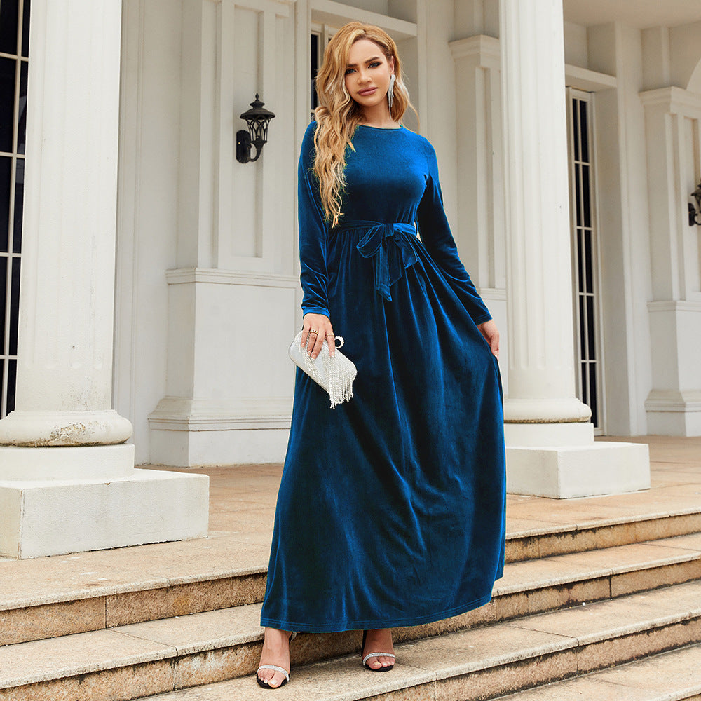 Long-Sleeve Velvet Maxi Dress with Tie Waist in Peacock Blue — full-length view on model