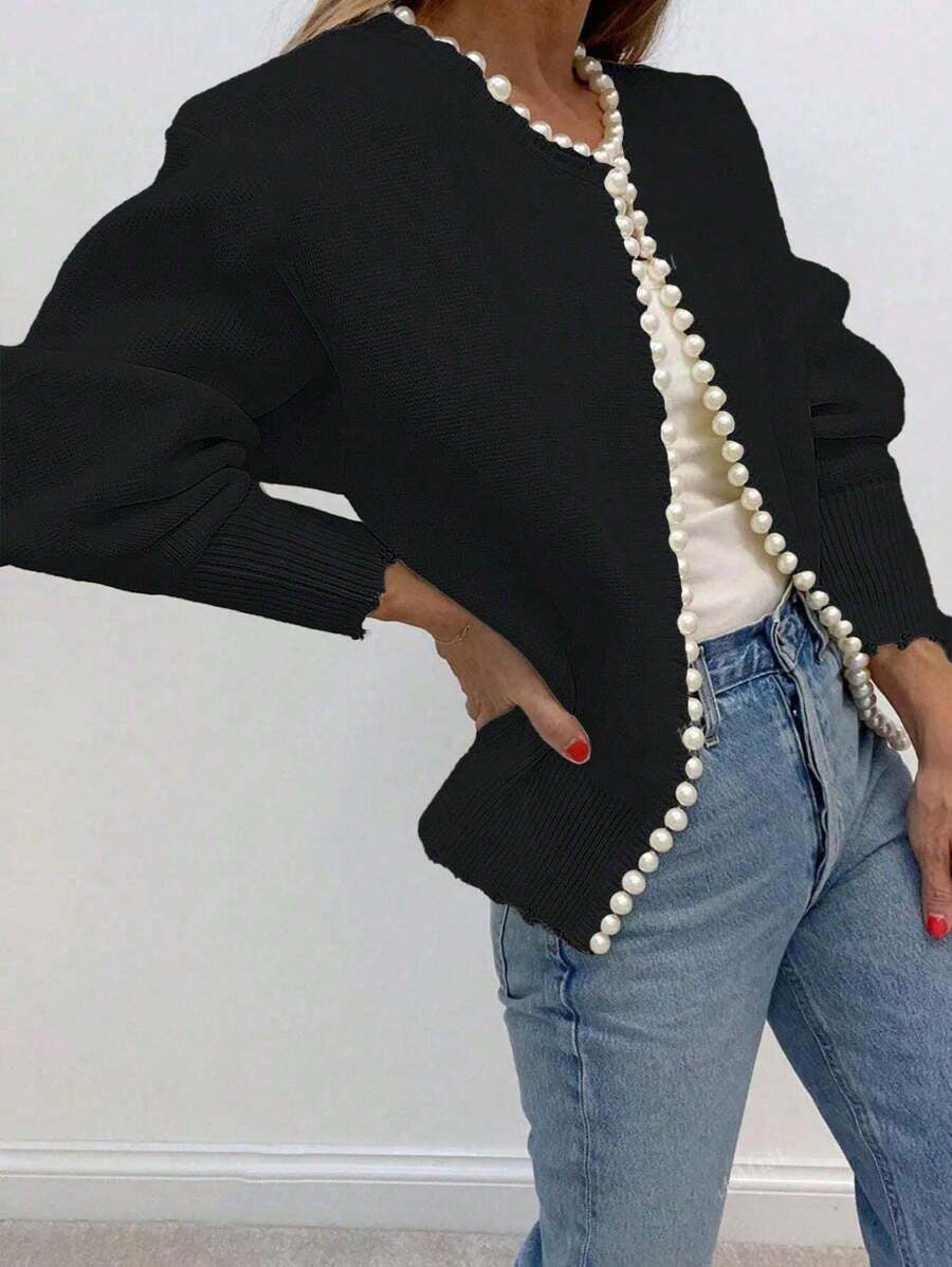 Pearl-Trim Frayed-Edge Knit Cardigan in Black — front view showing the bead trim