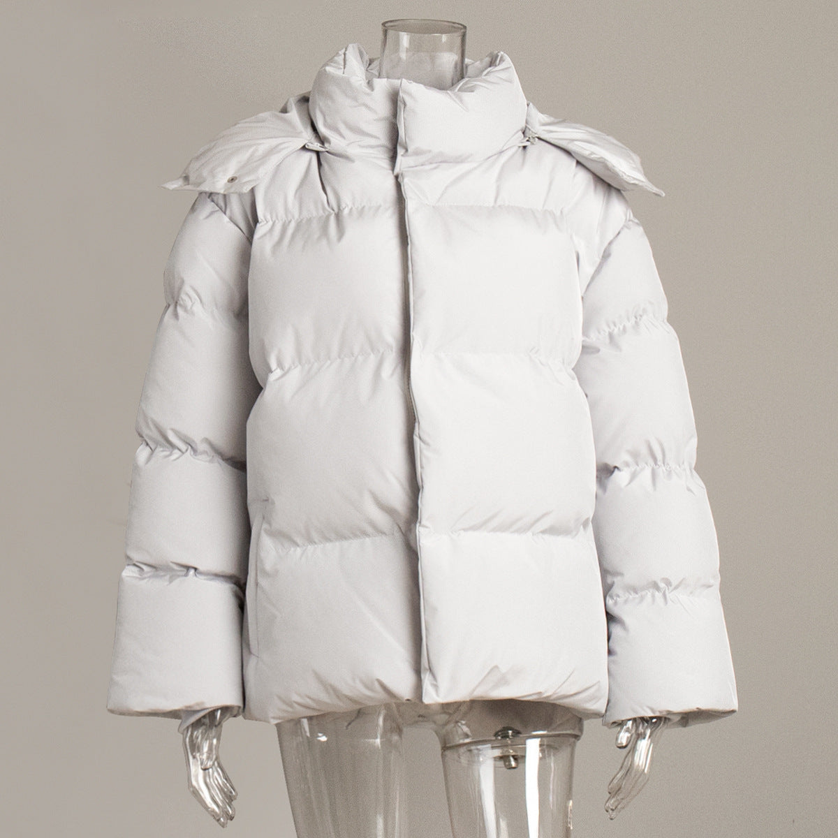 Matte Oversized Hooded Puffer Jacket in Light Gray — front view