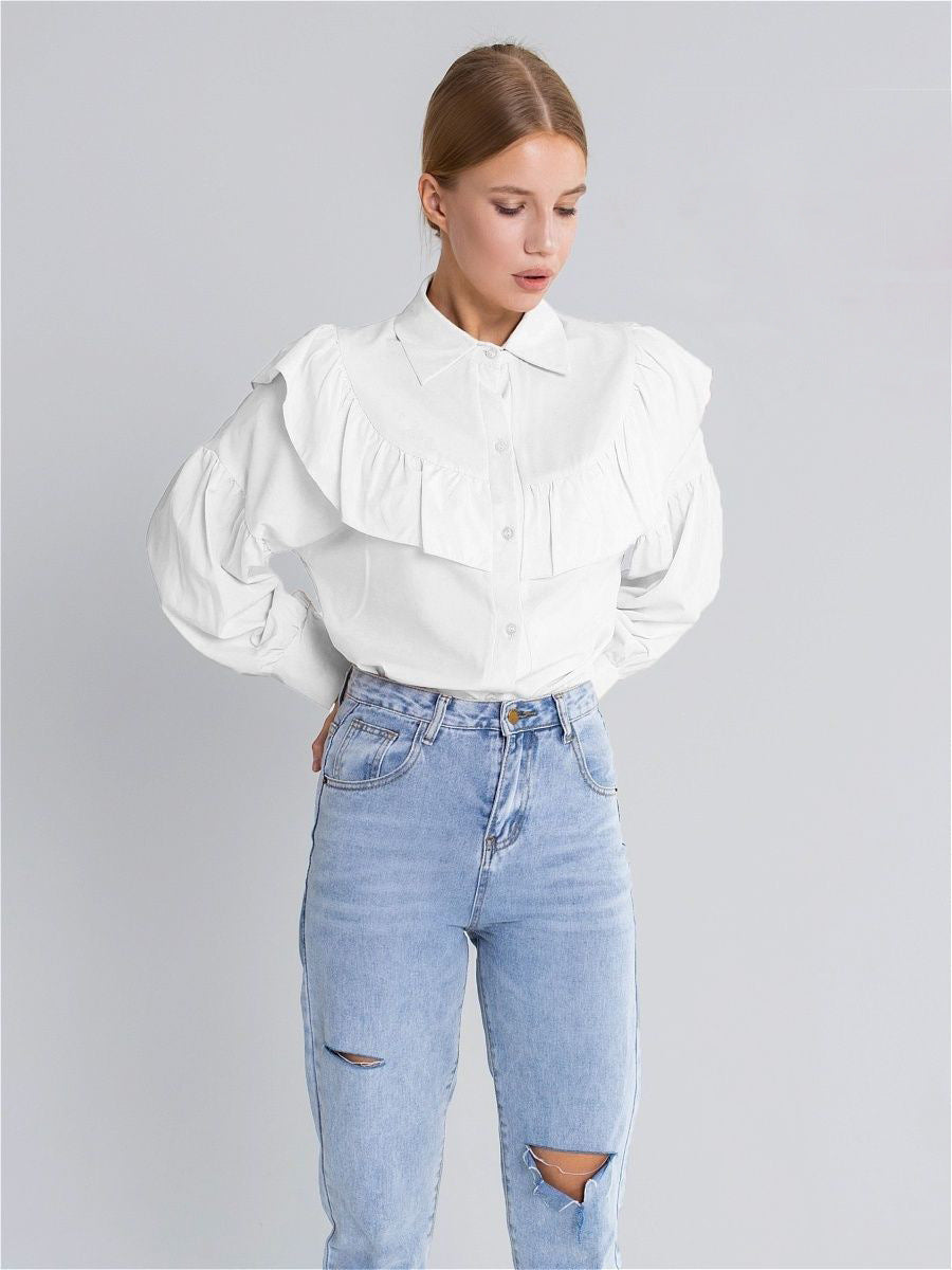 Cotton Ruffle Collar Button-Down Blouse in White — front view on model with jeans