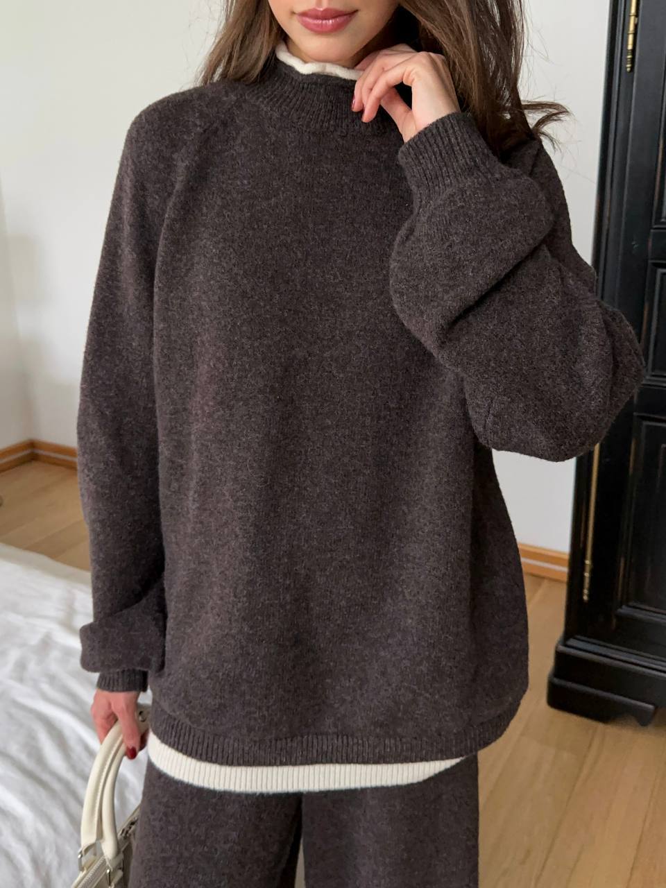 Oversized Wool-Blend Sweater & Wide-Leg Knit Pants Set with Contrast Trim in Espresso — close view on model