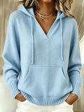 V-Neck Knit Hoodie Sweater with Kangaroo Pocket in Light Blue — front view on model