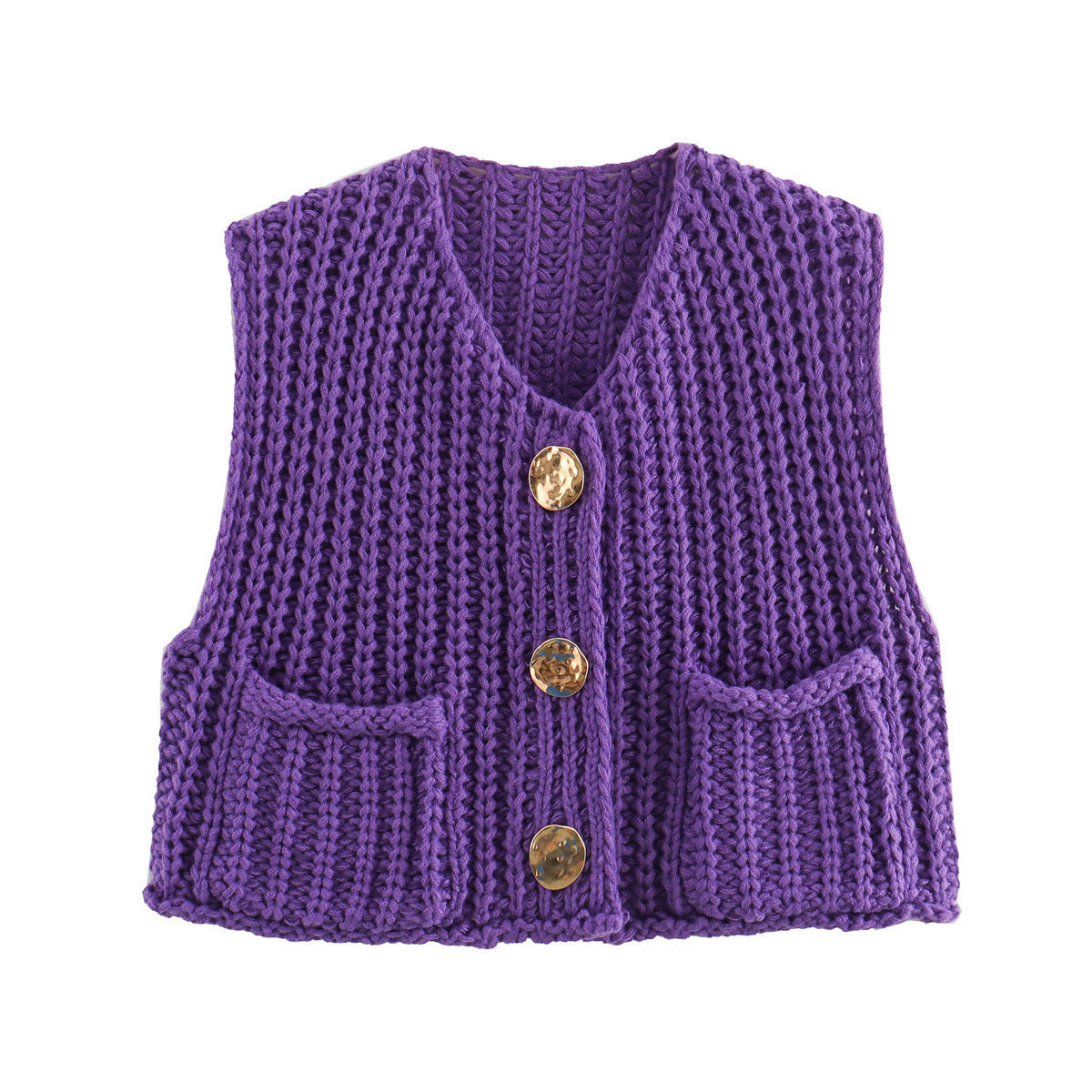 Gold-Button Chunky Knit Vest in Purple — flat front view